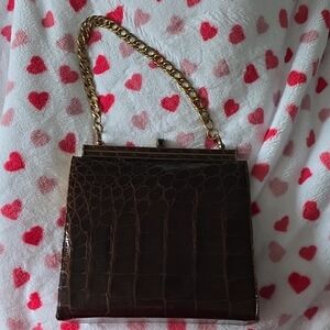 Lesco Classic Brown Croc-Embossed Chain Handle Women's Bag